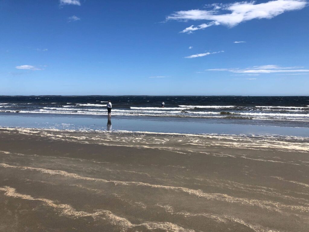 Crazy people wading in the ocean